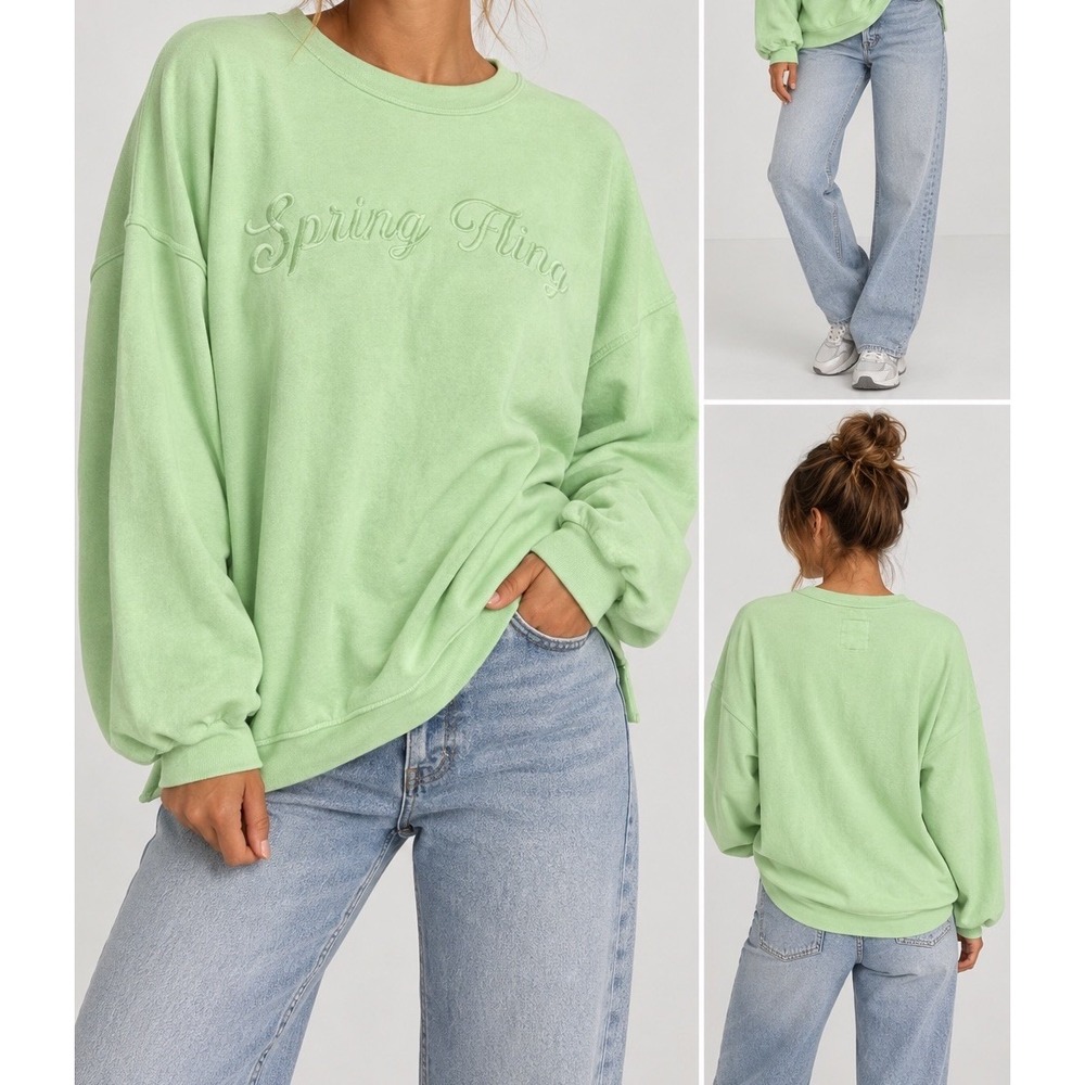 Aerie Spring Fling Embroidered Crewneck Sweatshirt Mint Green Size S/P Crew Neck
